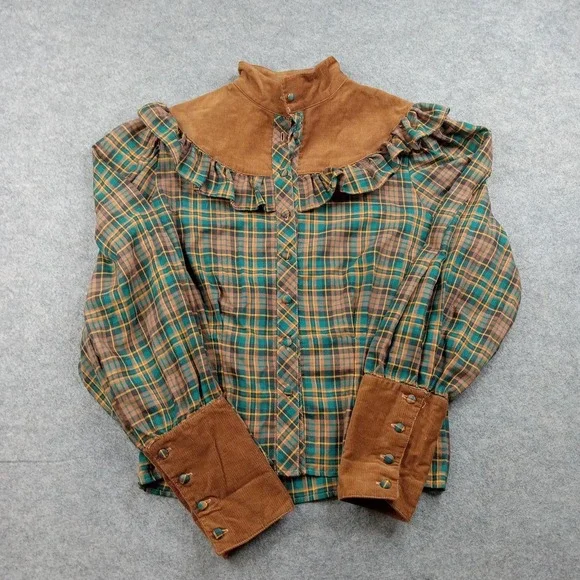 Vintage The East Side Clothing Co. Blouse Womens Medium Brown Plaid Western - Picture 1 of 7